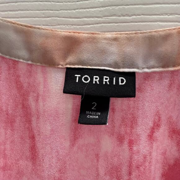 Torrid Women's Blouse 2 2X Pink Purple Orange Ombre Tie Dye Georgette Camp Shirt - Picture 6 of 6